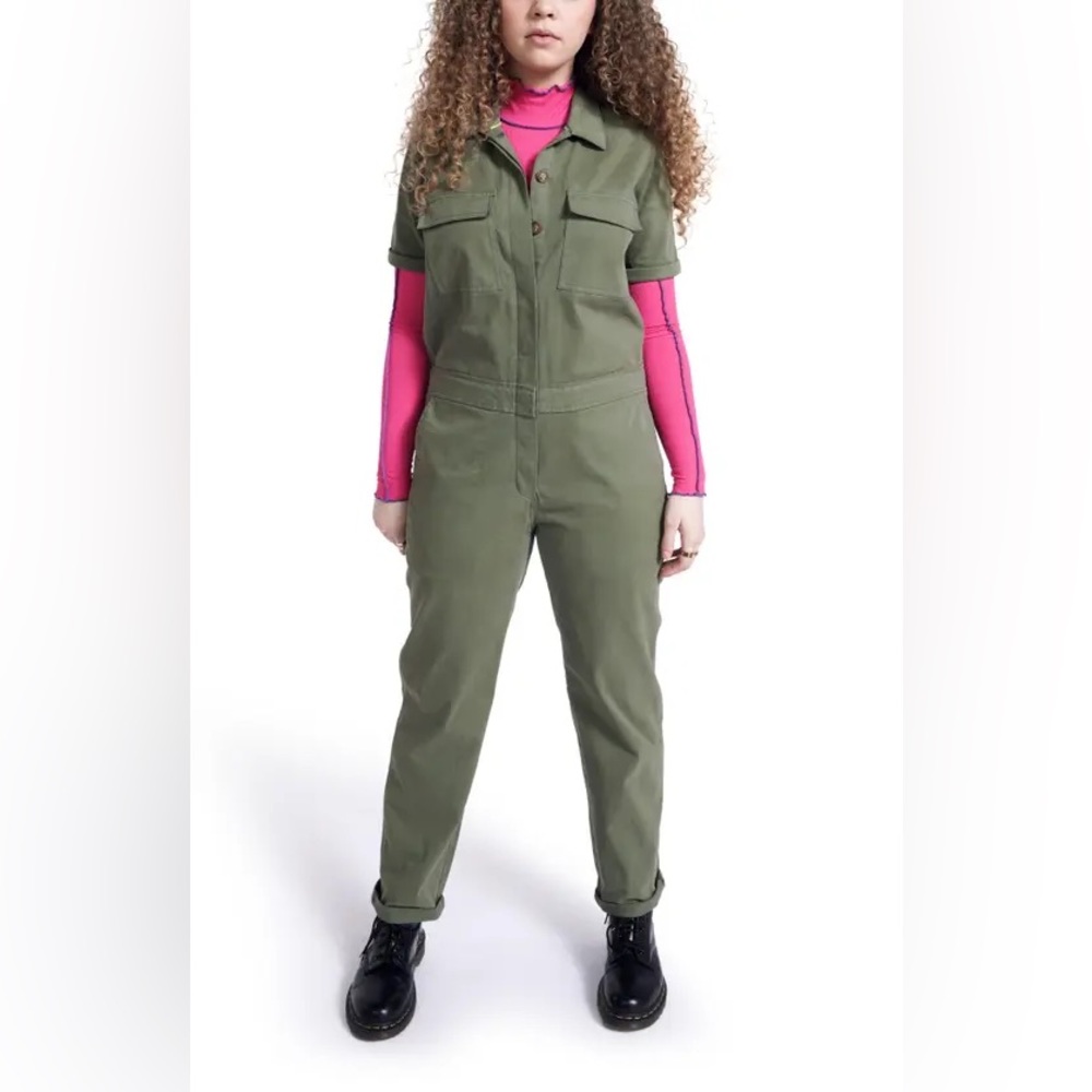 Wildfang + bp Utility Short Sleeve Jumpsuit Coveralls, Olive Green, Size Small